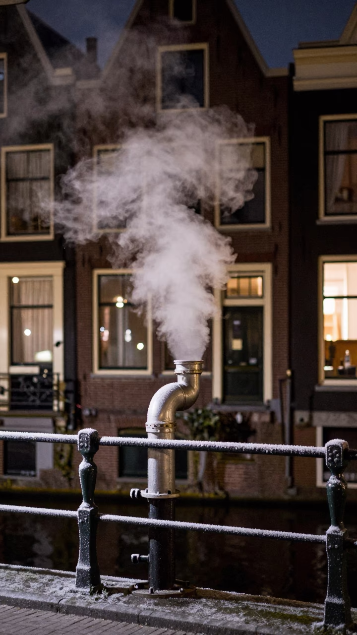 Steaming District Heating Pipe Behind Frost Coated Fencing in Amsterdam at Late Night in in Amsterdam, Netherlands