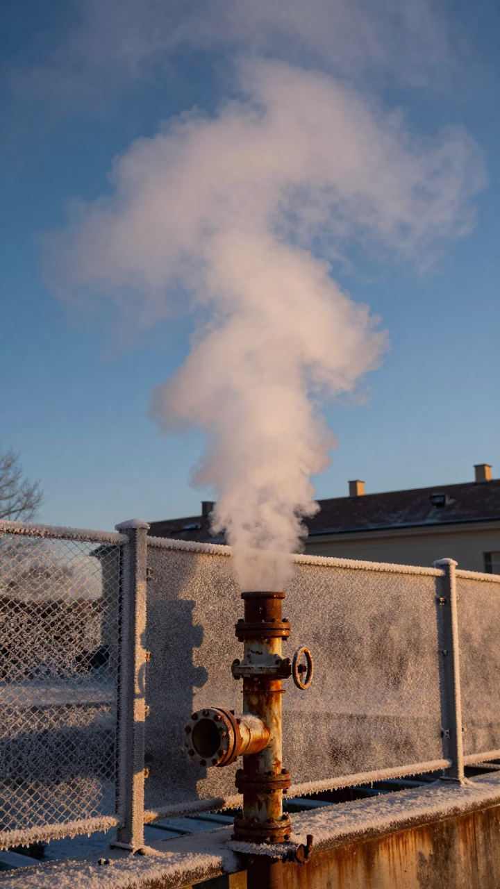 Steaming District Heating Pipe Behind Frost Coated Fencing in Budapest Evening Light in in Budapest, Hungary