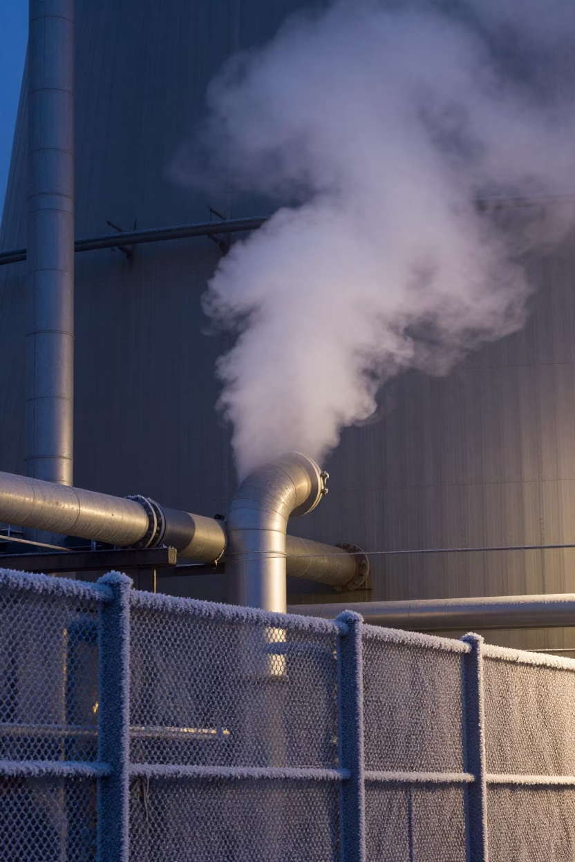 Steaming District Heating Pipe Behind Frost Coated Fencing in Deep Night London United Kingdom in in London, United Kingdom