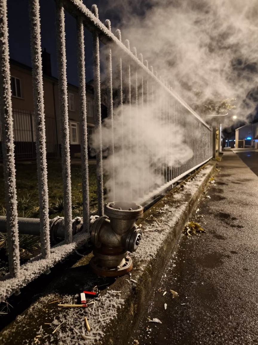Steaming District Heating Pipe Behind Frost Coated Fencing in Lyon Night in in Lyon, France
