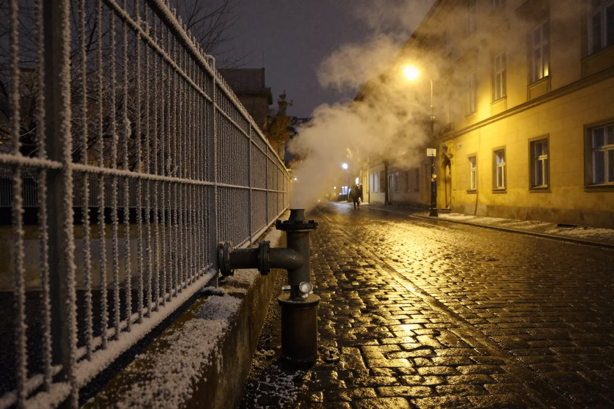 Steaming District Heating Pipe Behind Frost-Coated Fencing in Prague at Night in in Prague, Czech Republic