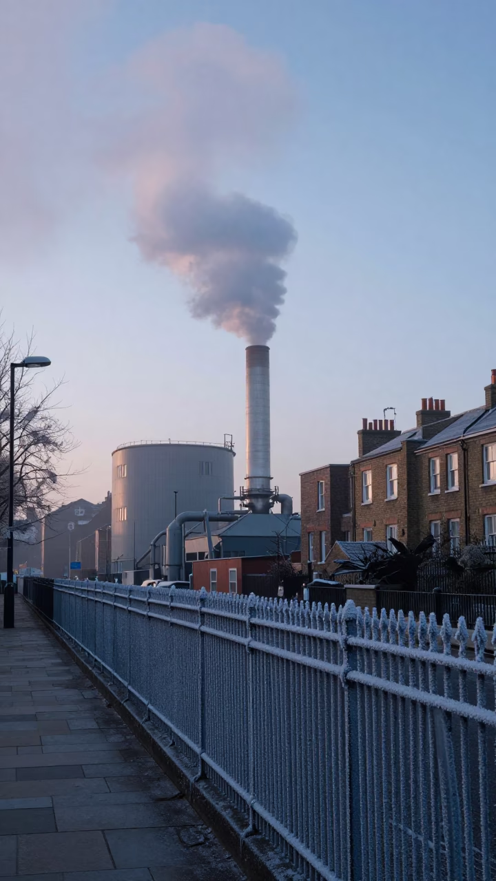 Steaming District Heating Pipe Behind Frost Coated Fencing in Pre-Dawn London United Kingdom in in London, United Kingdom