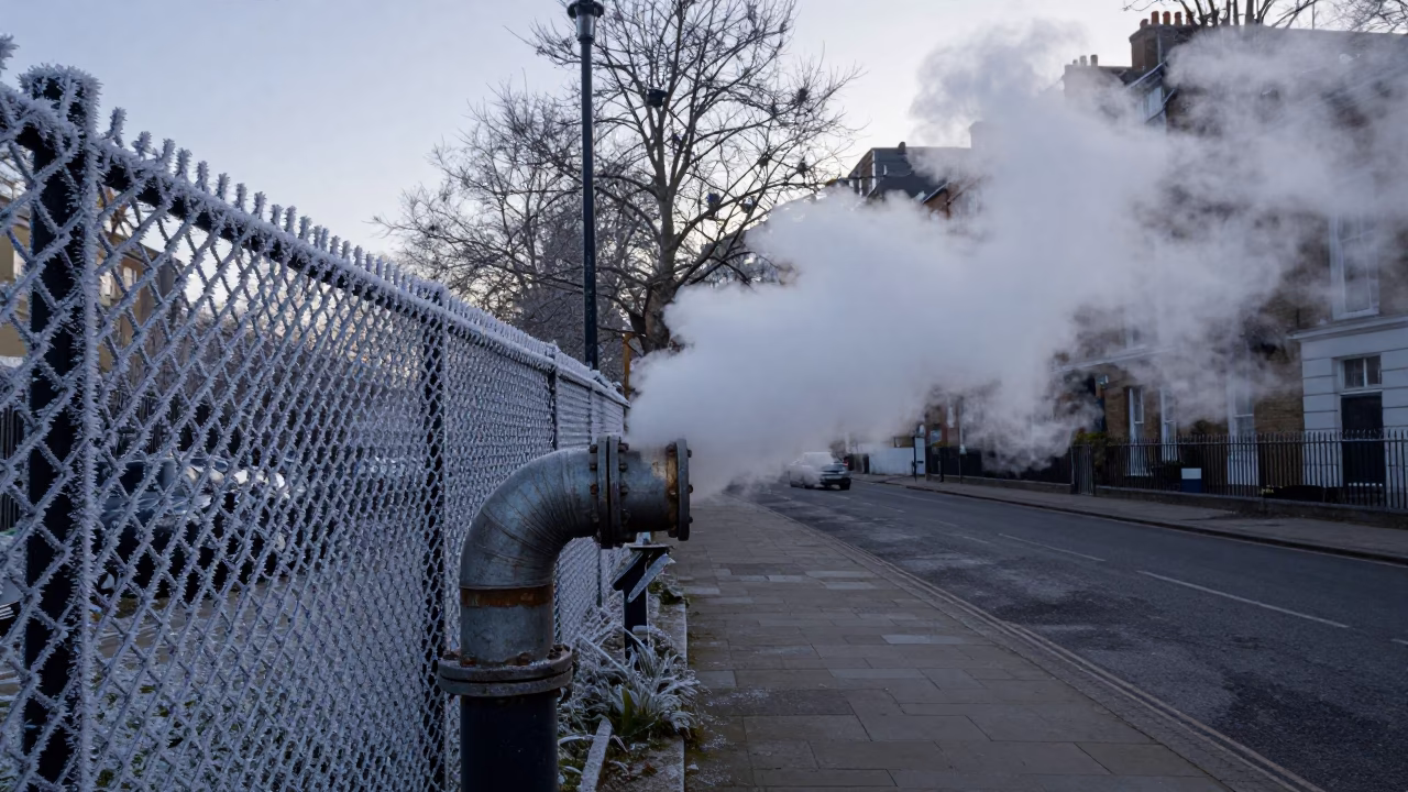 Steaming District Heating Pipe Behind Frost Fenced London Street Early Evening in in London, United Kingdom