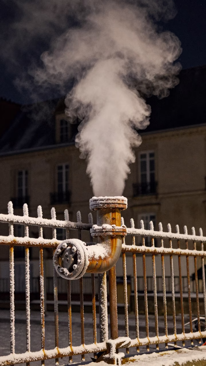 Steaming District Heating Pipe Elbow Behind Frost Coated Fence in Late Night Paris in in Paris, France