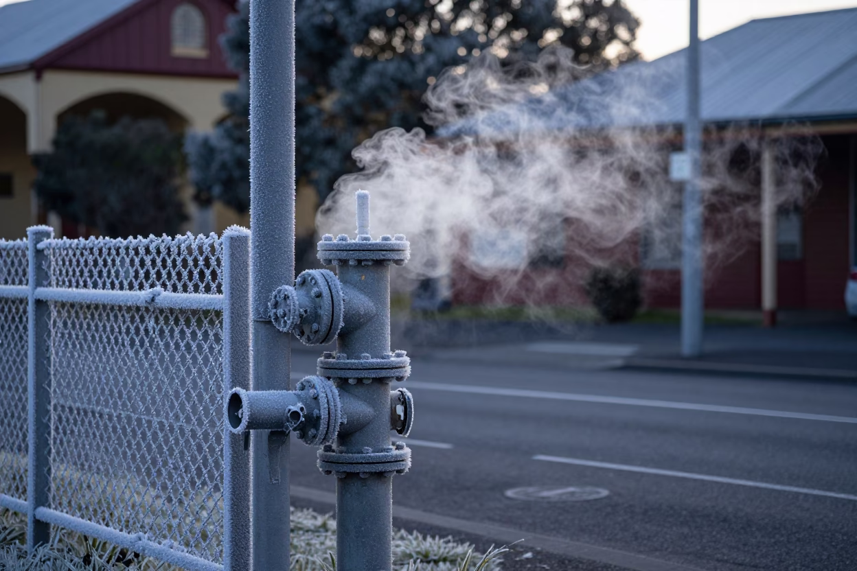 Steaming District Heating Pipe Elbow Behind Frost Coated Fence in Pre-Dawn Hobart Tasmania in in Hobart, Tasmania, Australia