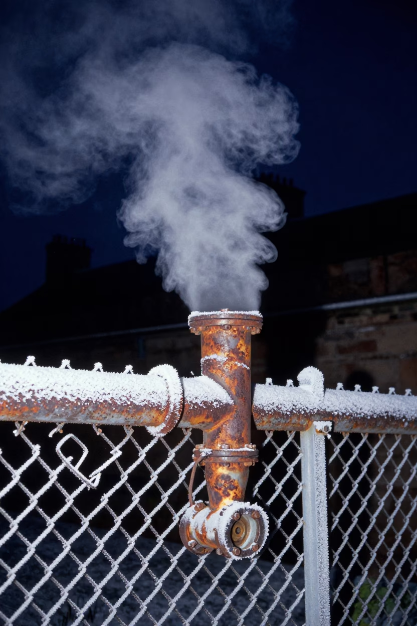 Steaming District Heating Pipe Elbow Behind Frost Coated Fencing in Deep Night Edinburgh Scotland in in Edinburgh, United Kingdom