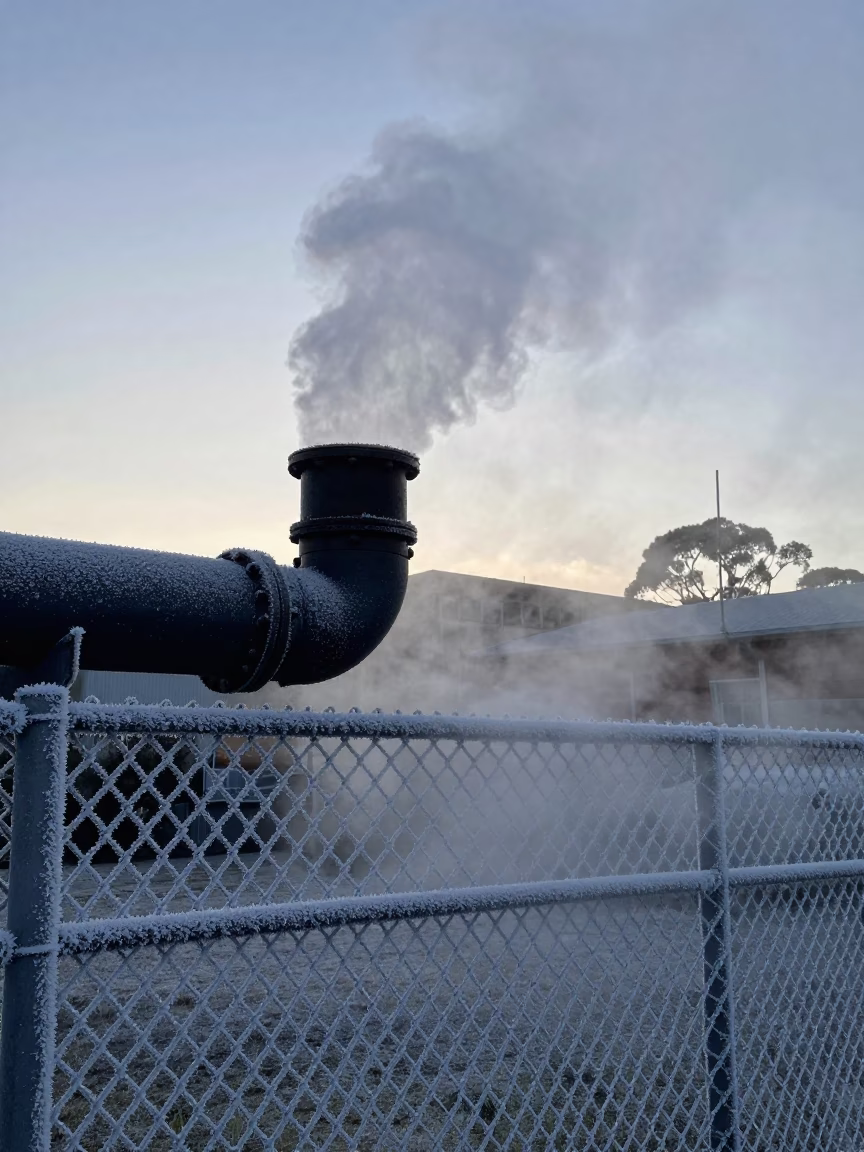 Steaming District Heating Pipe Elbow Behind Frost Coated Fencing in Hobart Tasmania Before Dawn in in Hobart, Tasmania, Australia