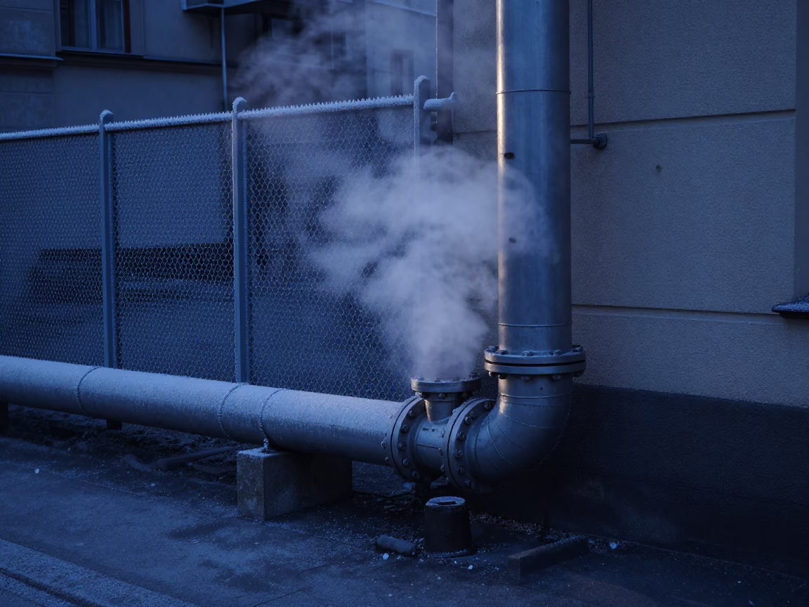 Steaming District Heating Pipe Elbow Behind Frost-Coated Fencing in Predawn Vienna Austria in in Vienna, Austria