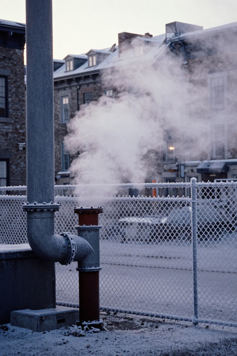 Steaming District Heating Pipe Elbow Behind Frost Coated Fencing in Quebec City Dawn in in Quebec City, Quebec, Canada