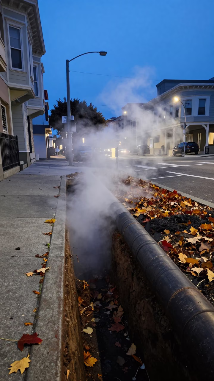 Steaming District Heating Pipe Trench Amidst Autumn Leaves in San Francisco Evening in in San Francisco, California, United States