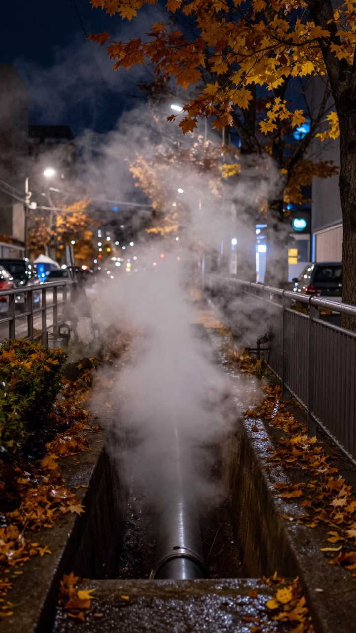 Steaming District Heating Pipe Trench Amidst Autumn Leaves in Sapporo Japan at Night in in Sapporo, Japan