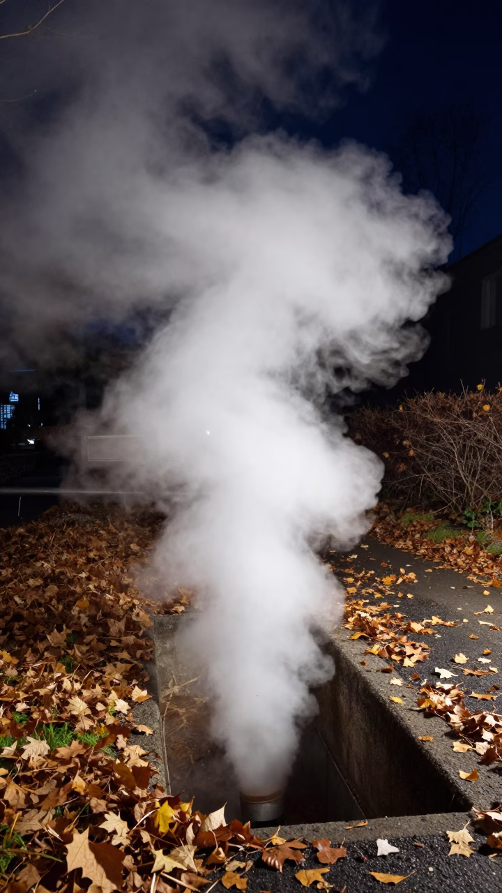 Steaming District Heating Pipe Trench Amidst Autumn Leaves in Sapporo Japan Night in in Sapporo, Japan