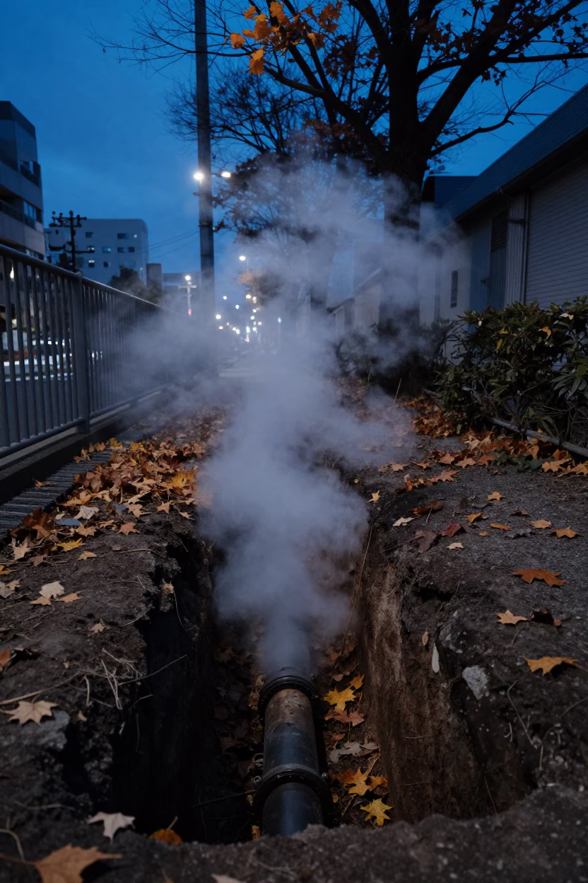 Steaming District Heating Pipe Trench Amidst Autumn Leaves in Tokyo Indigo Twilight in in Tokyo, Japan