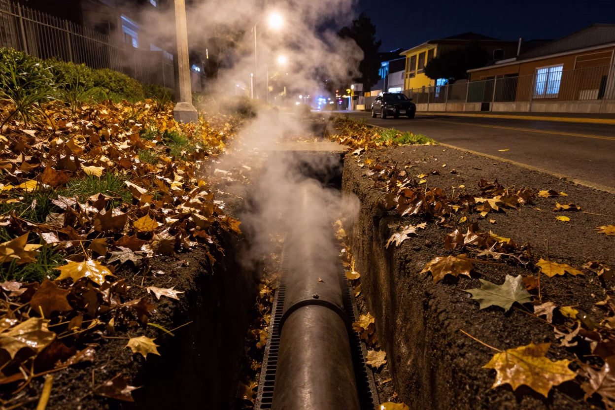 Steaming District Heating Pipe Trench Amidst Autumn Leaves in Valparaiso Chile Night in in Valparaiso, Chile