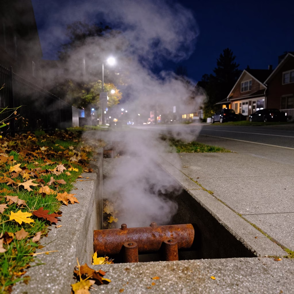 Steaming District Heating Pipe Trench Amidst Autumn Leaves in Vancouver British Columbia at Night in in Vancouver, British Columbia, Canada