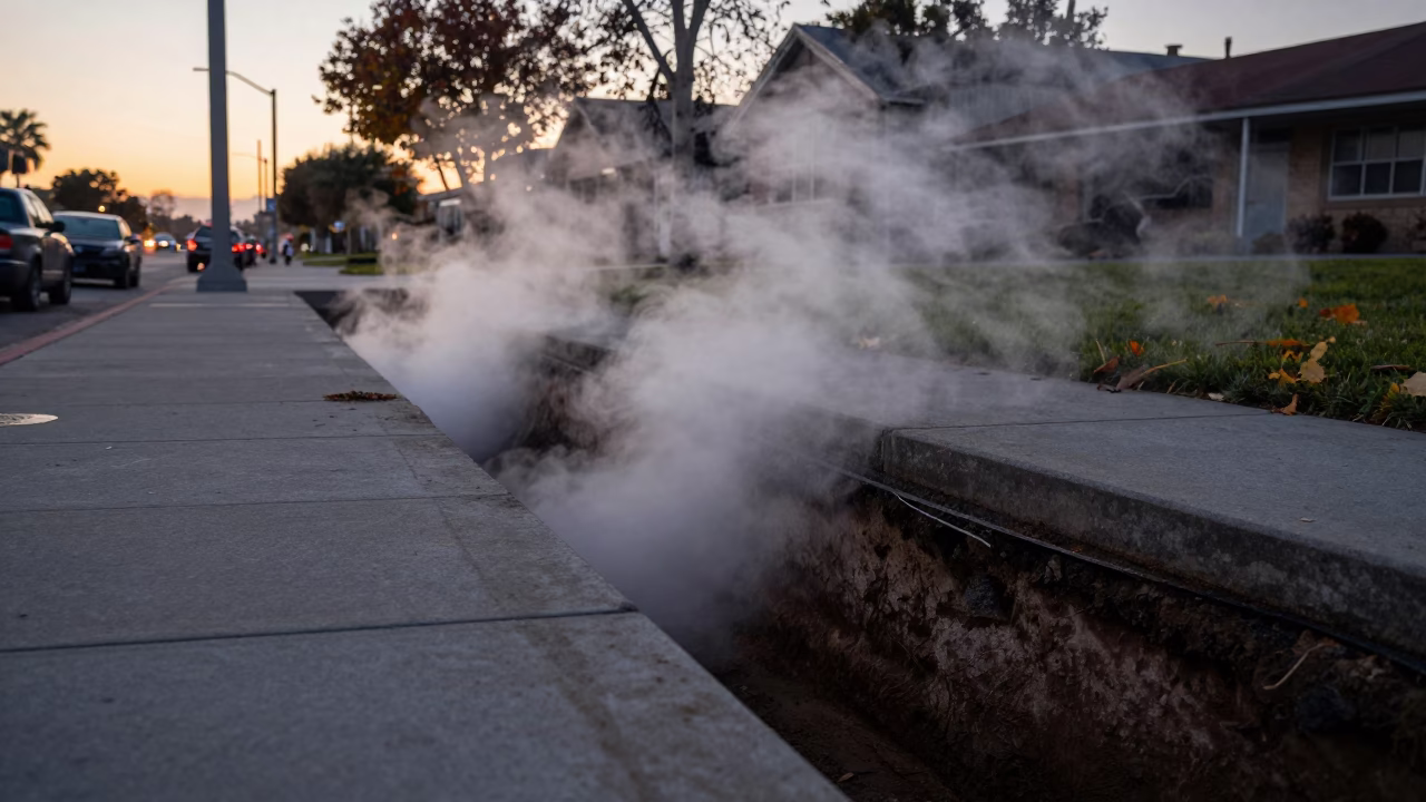 Steaming District Heating Pipe Trench Cutting Through Autumn Leaves in Pre-Dawn San Diego in in San Diego, California, United States