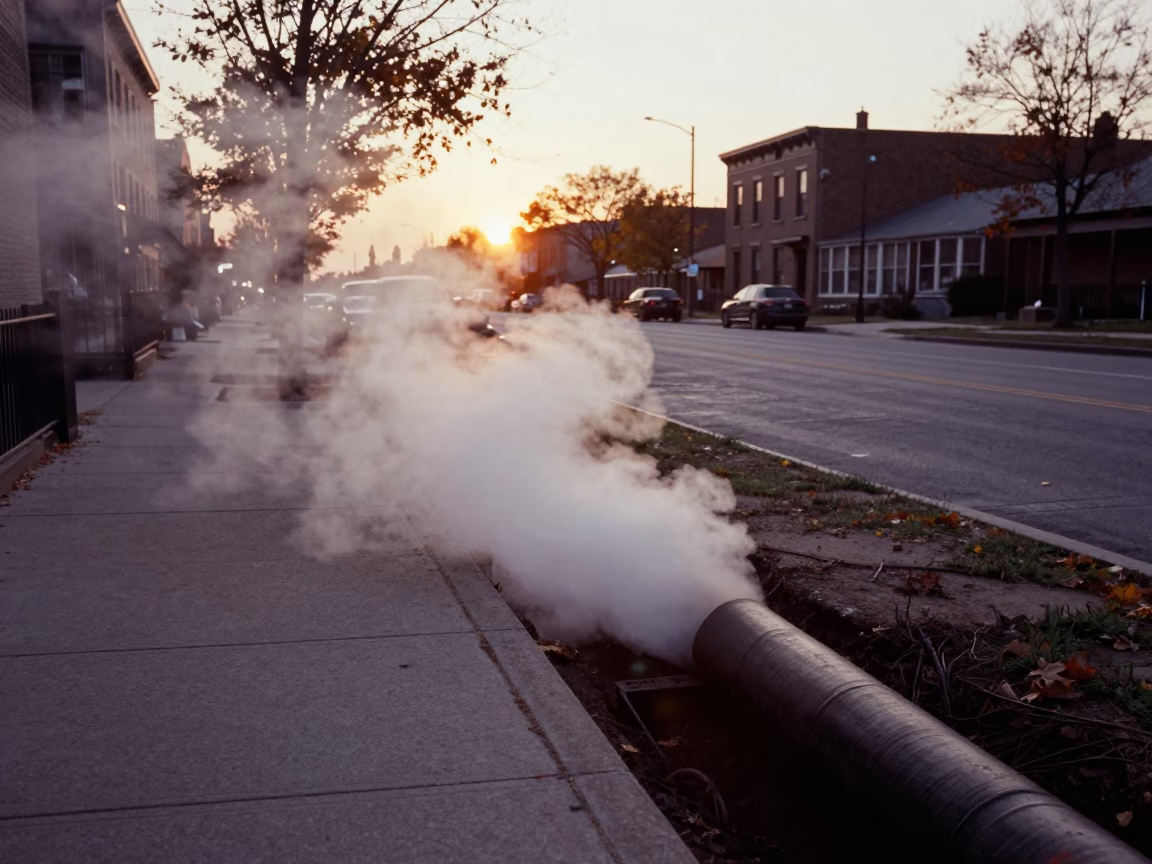 Steaming District Heating Pipe Trench Cutting Through Autumn Leaves on Chicago Sidewalk at Sunset in in Chicago, Illinois, United States