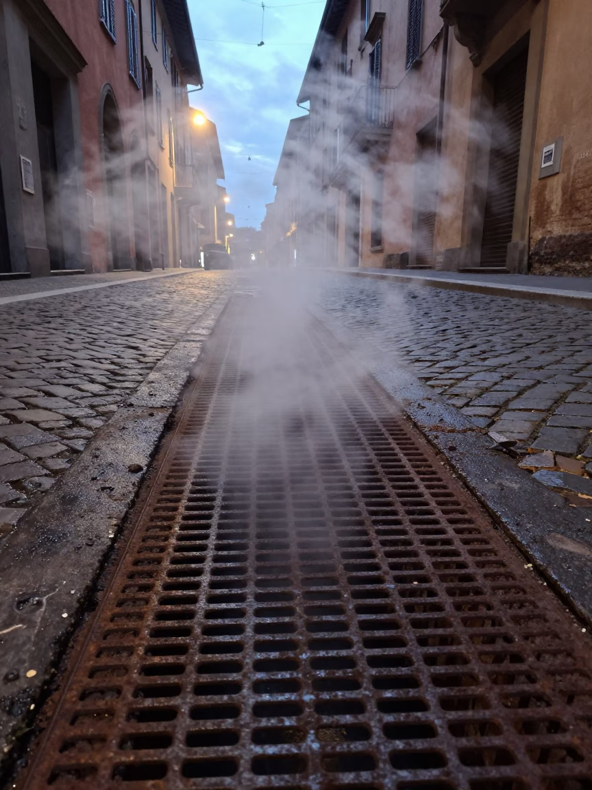 Steaming District Heating Pipe Trench in Bologna Italy Early Evening Autumn Leaves in in Bologna, Italy