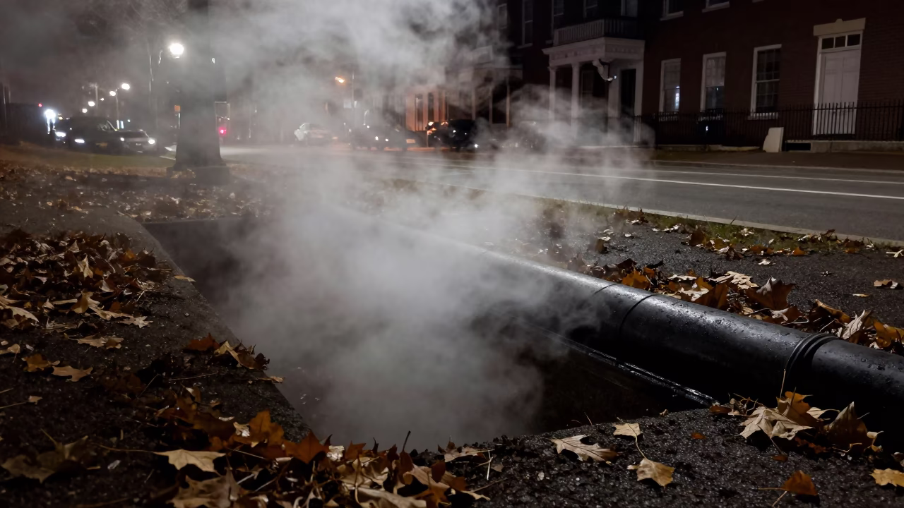 Steaming District Heating Pipe Trench in Boston Massachusetts at Night in in Boston, Massachusetts, United States