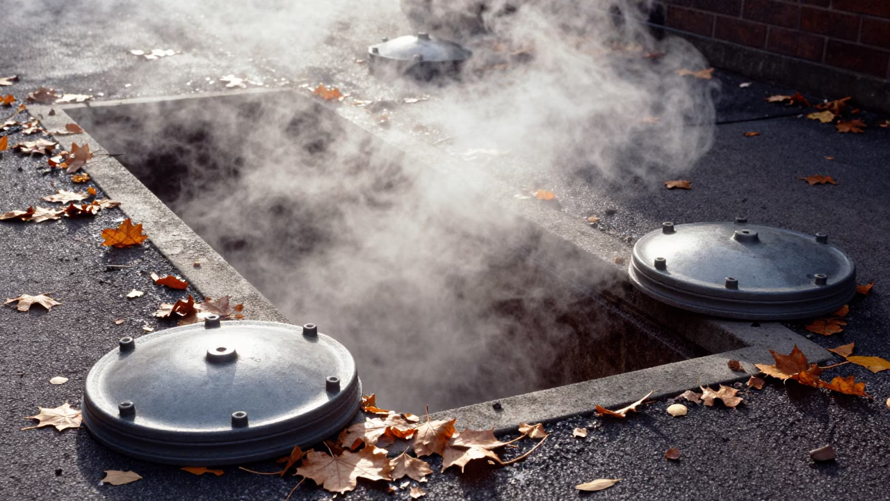 Steaming District Heating Pipe Trench in Bristol Autumn Afternoon in in Bristol, United Kingdom