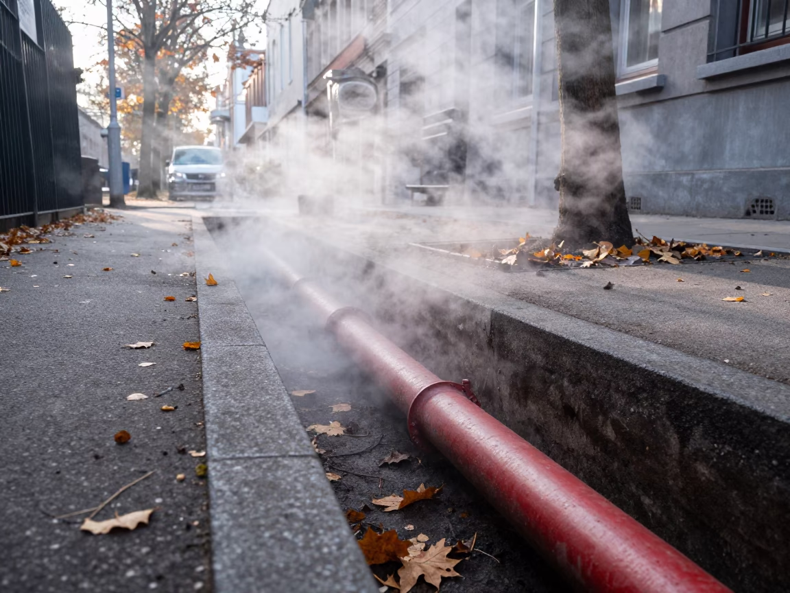 Steaming District Heating Pipe Trench in Brussels Autumn Leaves Late Morning in in Brussels, Belgium