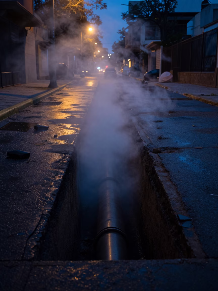 Steaming District Heating Pipe Trench in Buenos Aires Predawn Darkness in in Buenos Aires, Argentina