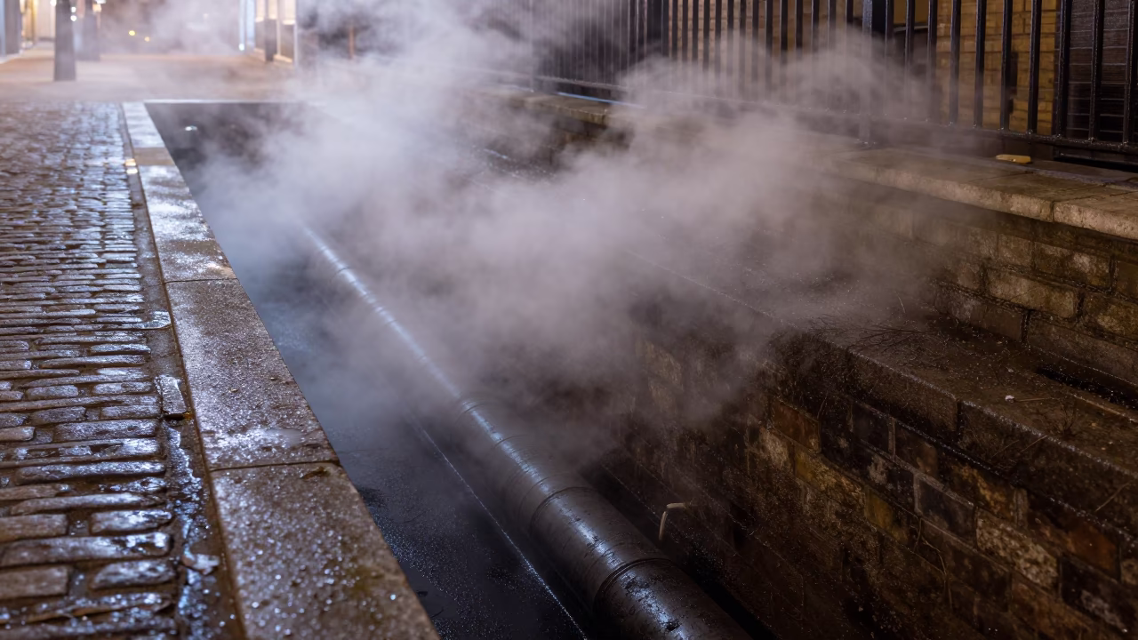 Steaming District Heating Pipe Trench in London at Midnight with Scattered Autumn Leaves in in London, United Kingdom