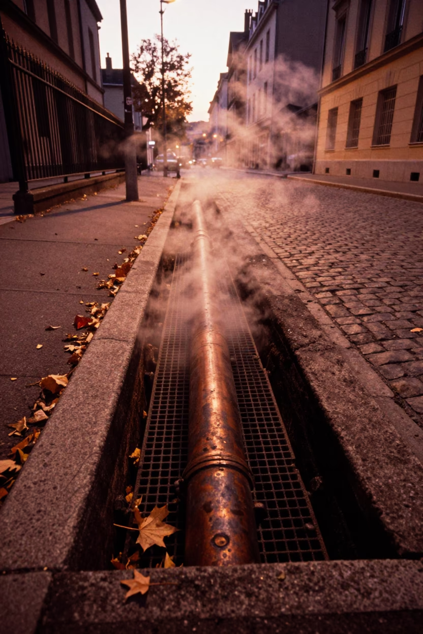 Steaming District Heating Pipe Trench in Lyon Before Dusk in in Lyon, France