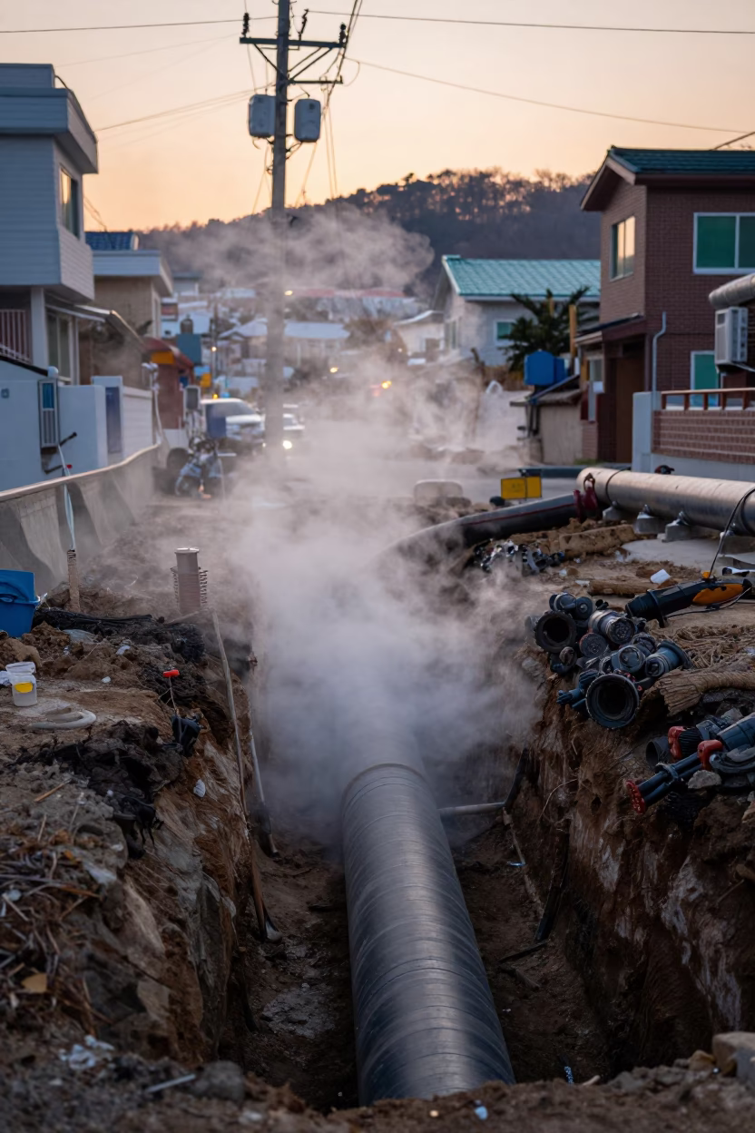 Steaming District Heating Pipe Trench in Pre-Dawn Busan South Korea in in Busan, South Korea