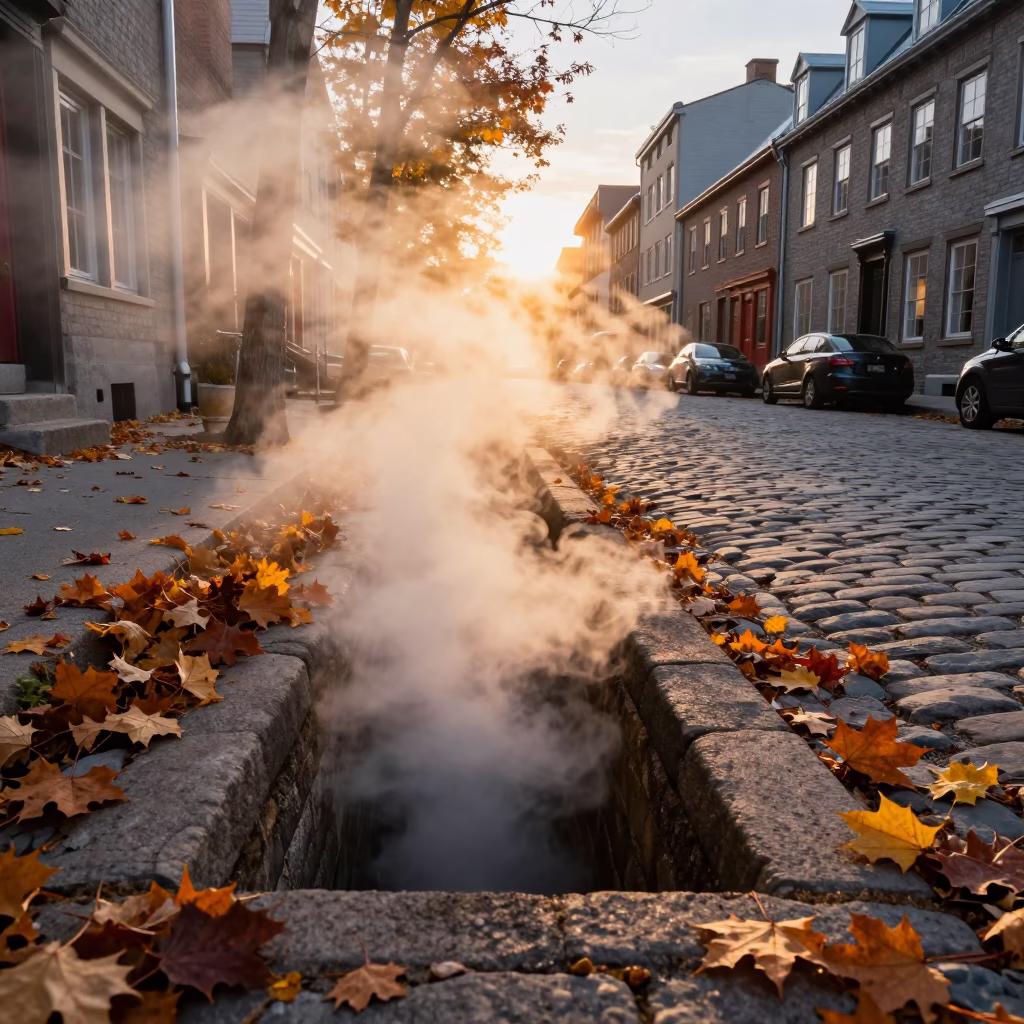 Steaming district heating pipe trench in Quebec City autumn evening light in in Quebec City, Quebec, Canada