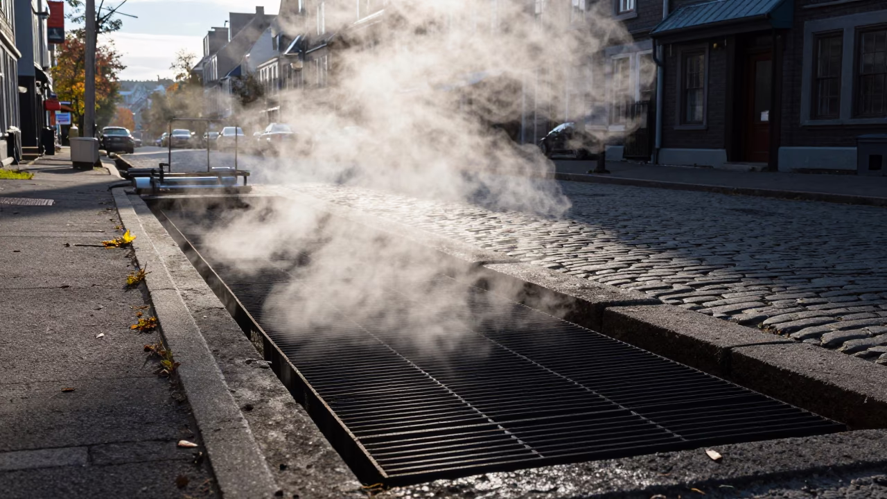 Steaming District Heating Pipe Trench in Quebec City Autumn Late Morning in in Quebec City, Quebec, Canada