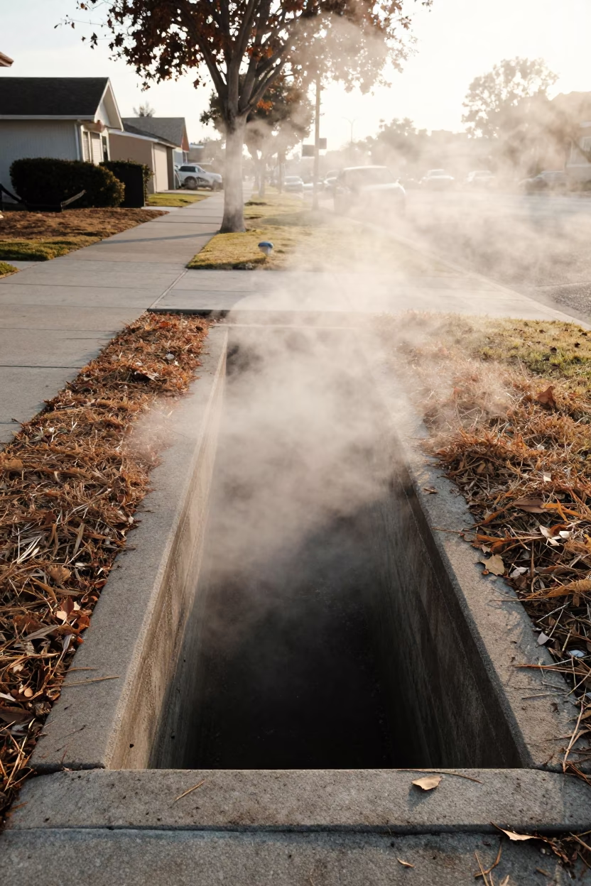 Steaming District Heating Pipe Trench in San Diego Early Morning Autumn Leaves in in San Diego, California, United States