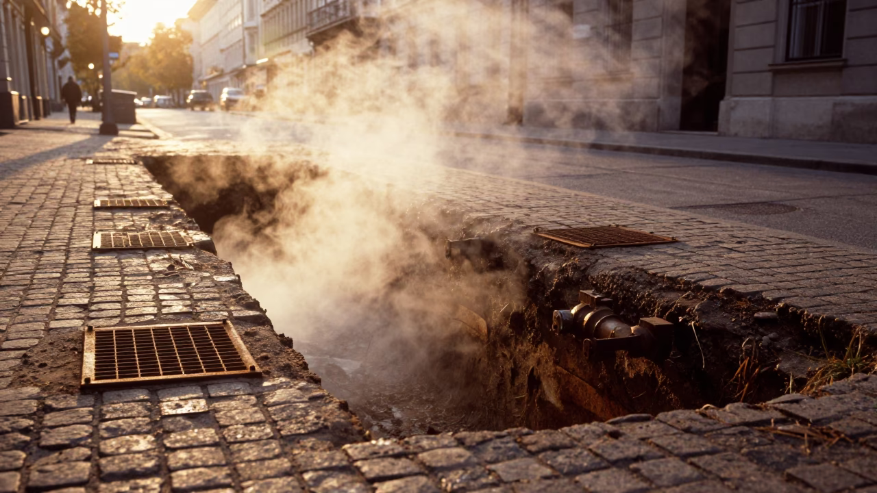 Steaming District Heating Pipe Trench in Vienna Austria Autumn Evening Light in in Vienna, Austria