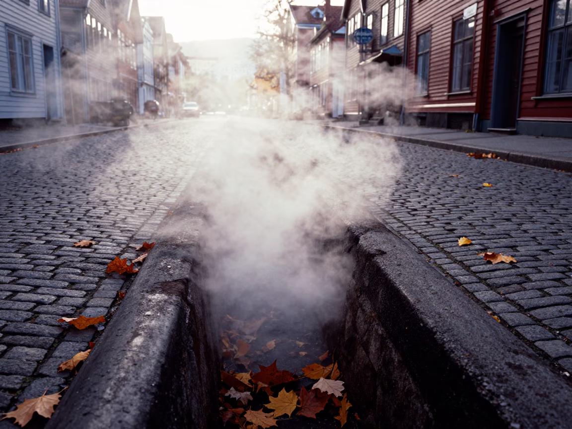 Steaming District Heating Pipe Trench Through Autumn Leaves in Bergen Norway Early Afternoon in in Bergen, Norway