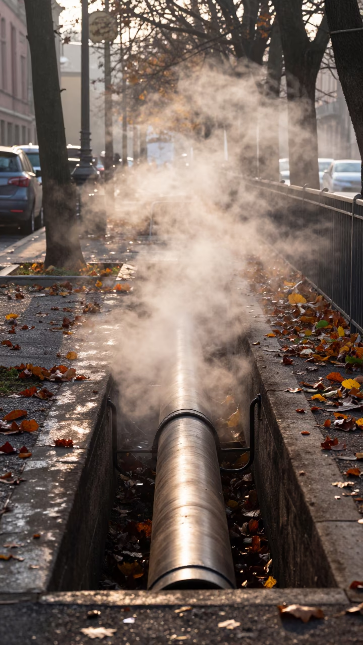 Steaming District Heating Pipe Trench Through Autumn Leaves in Bologna Italy at Dawn in in Bologna, Italy