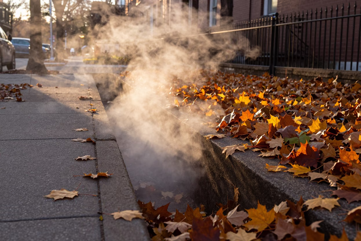 Steaming District Heating Pipe Trench Through Autumn Leaves in Boston Massachusetts Evening in in Boston, Massachusetts, United States