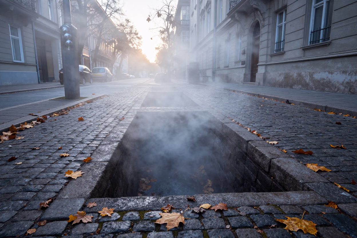 Steaming District Heating Pipe Trench Through Autumn Leaves in Budapest Before Sunrise in in Budapest, Hungary