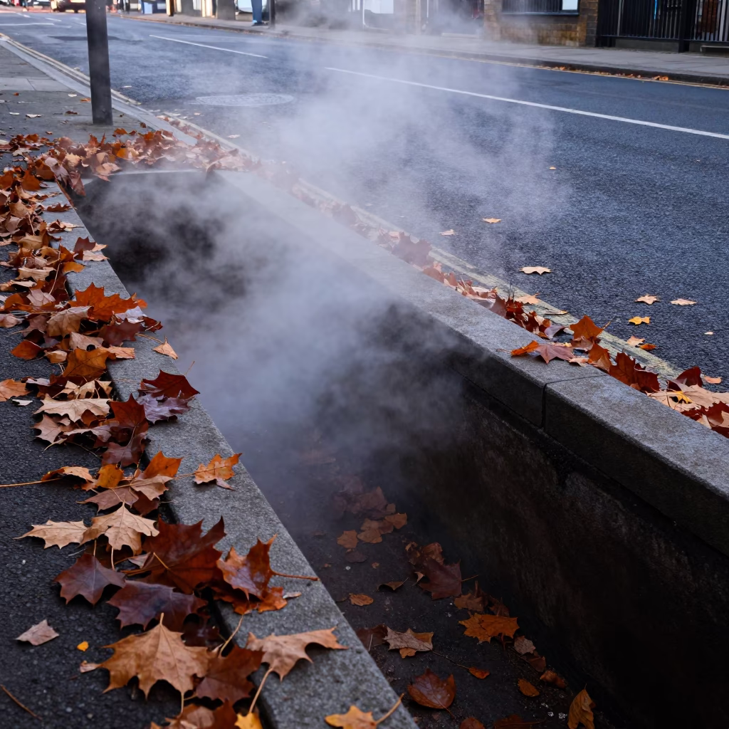 Steaming District Heating Pipe Trench Through Autumn Leaves in Early Evening London United Kingdom in in London, United Kingdom