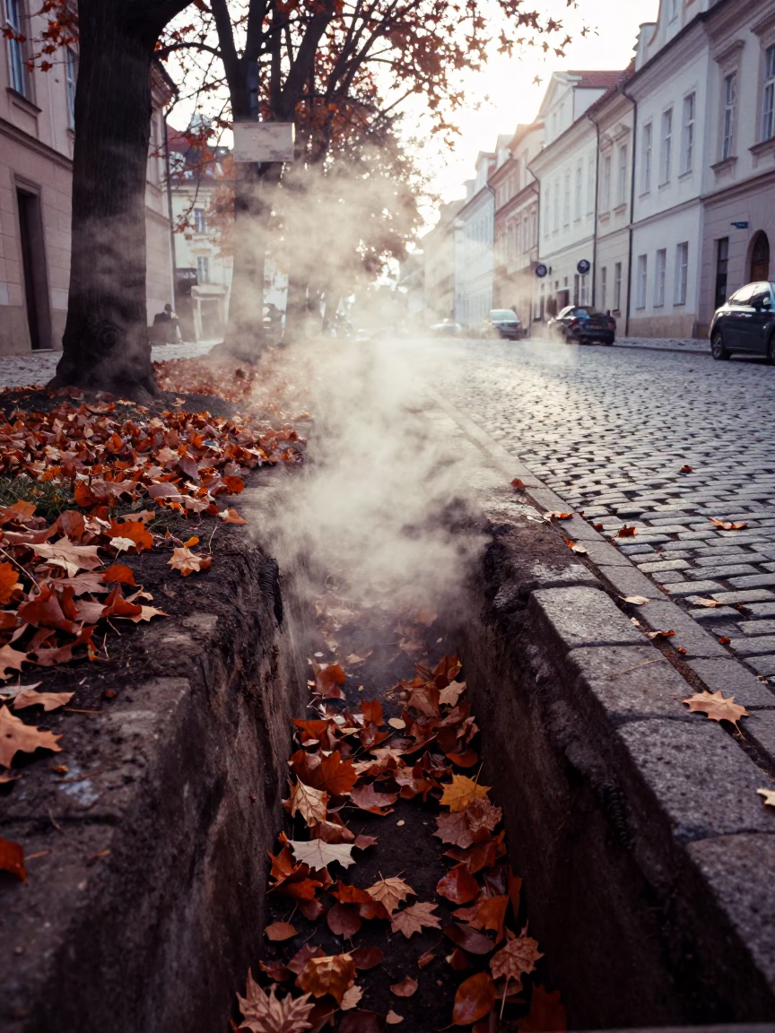 Steaming District Heating Pipe Trench Through Autumn Leaves in Early Morning Prague in in Prague, Czech Republic