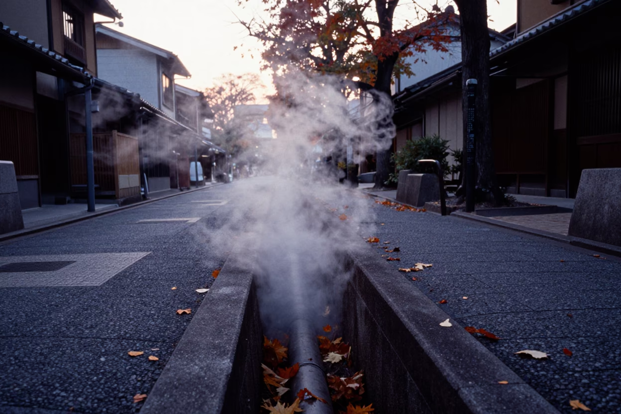 Steaming District Heating Pipe Trench Through Autumn Leaves in Kyoto Before Dawn in in Kyoto, Japan