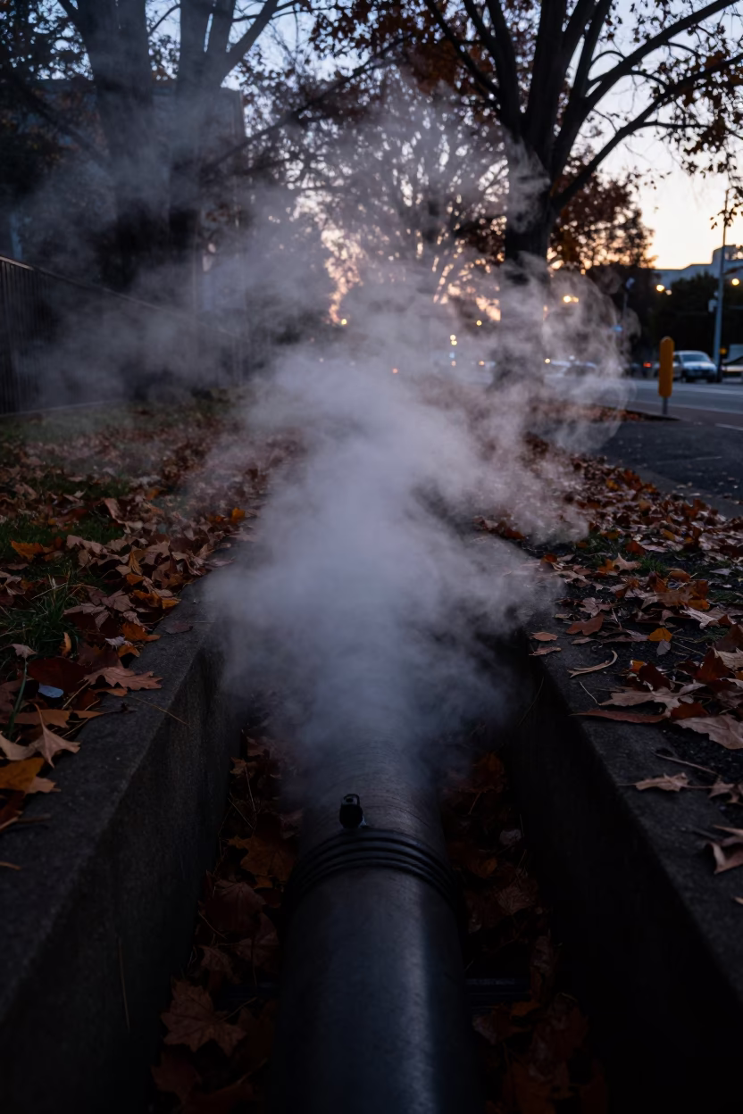 Steaming District Heating Pipe Trench Through Autumn Leaves in Melbourne Before Dawn in in Melbourne, Victoria, Australia