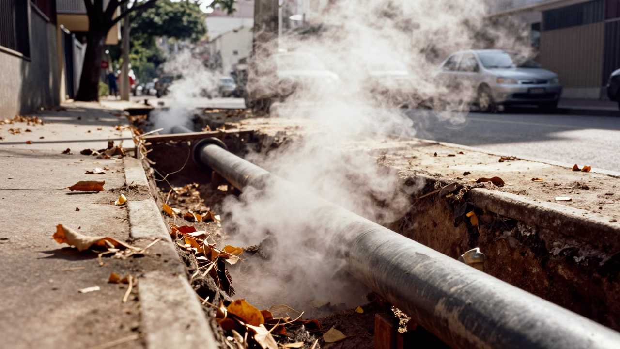 Steaming District Heating Pipe Trench Through Autumn Leaves in São Paulo Brazil Midmorning in in São Paulo, Brazil