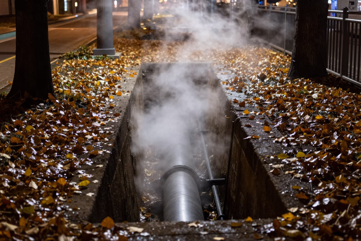 Steaming District Heating Pipe Trench Through Autumn Leaves in Sapporo Japan at Midnight in in Sapporo, Japan