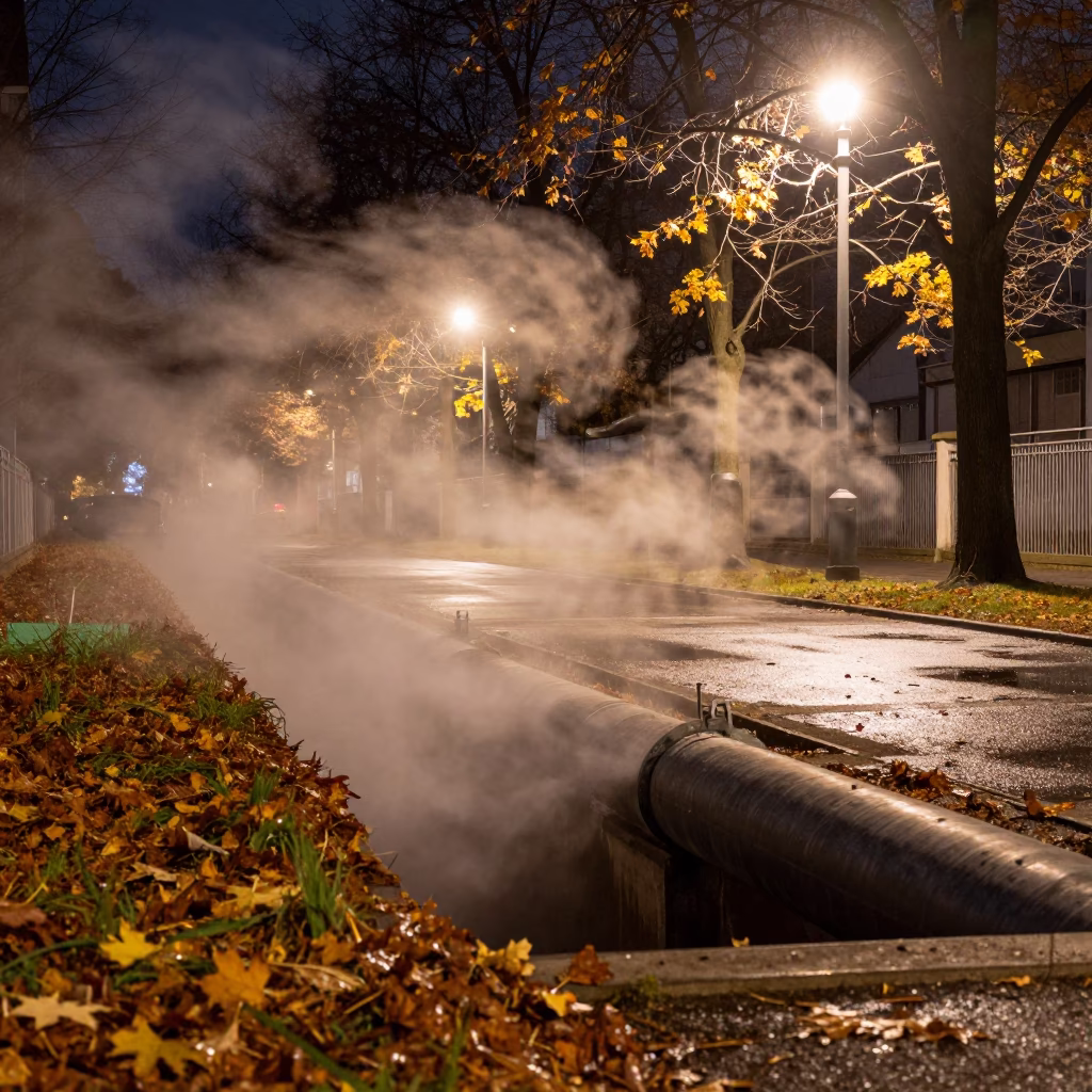 Steaming District Heating Pipe Trench Through Autumn Leaves in Vienna Austria Night in in Vienna, Austria