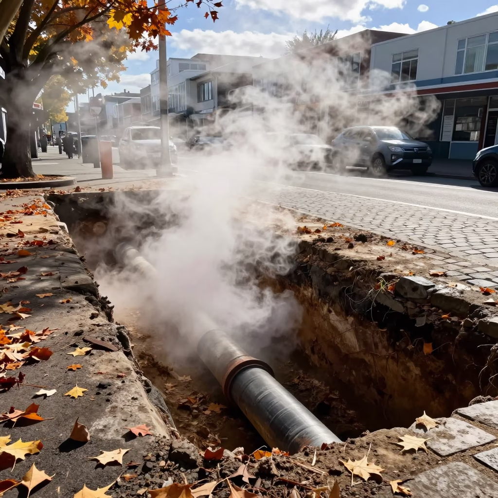 Steaming District Heating Pipe Trench Through Autumn Leaves in Wellington New Zealand at Midday in in Wellington, New Zealand