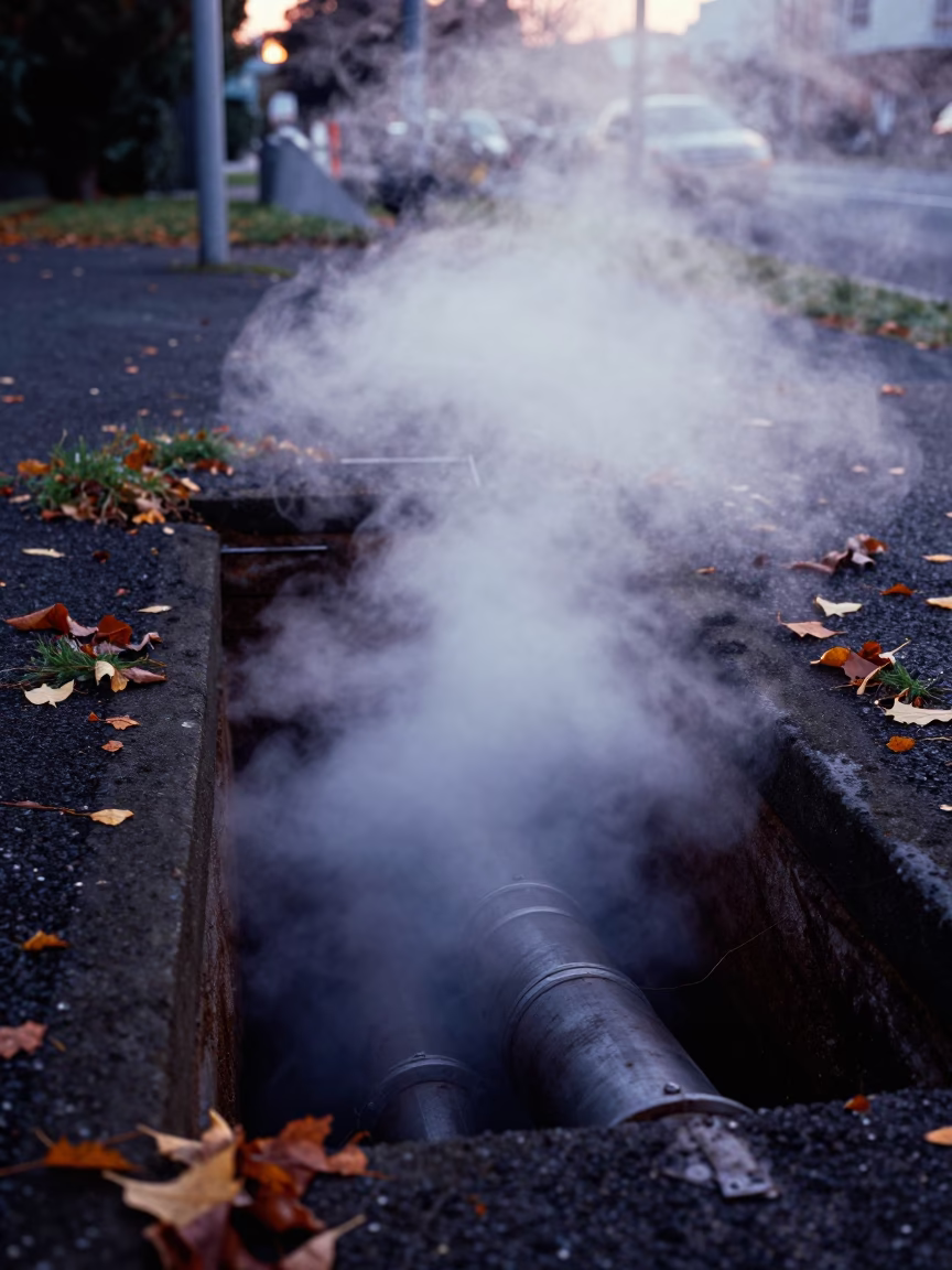 Steaming District Heating Pipe Trench Through Autumn Leaves in Wellington New Zealand Before Sunrise in in Wellington, New Zealand