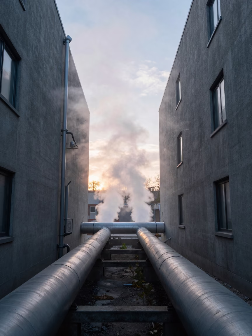 Steaming District Heating Pipes Between Concrete Apartment Blocks in Toronto at Dawn First Light in in Toronto, Ontario, Canada