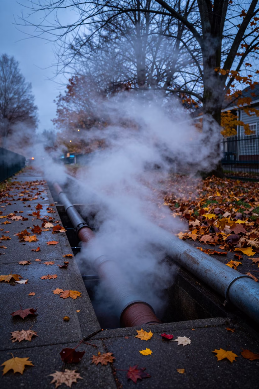 Steaming District Heating Pipes in Autumn Leaves Portland Oregon Nautical Dawn Street Scene in in Portland, Oregon, United States
