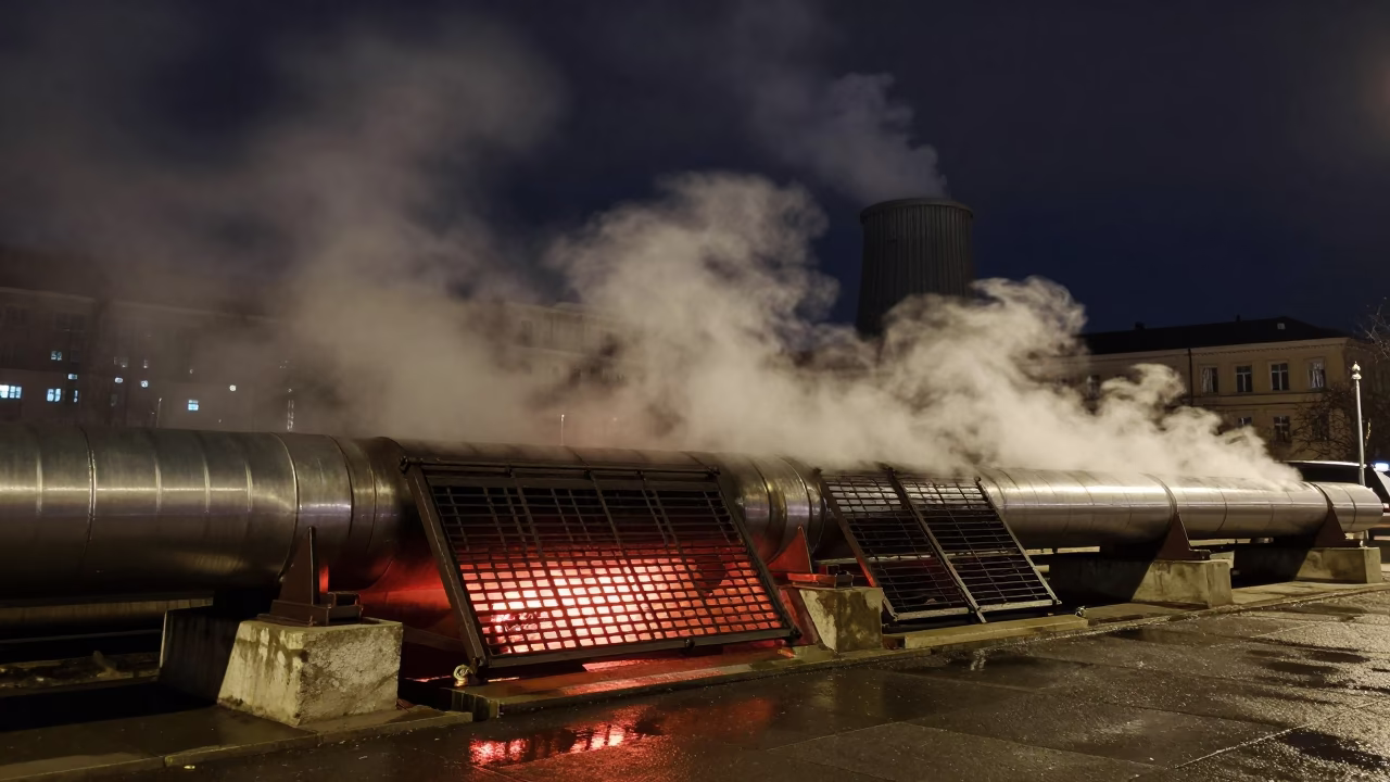 Steaming District Heating Pipes in Budapest Under Deep Night Sky in in Budapest, Hungary