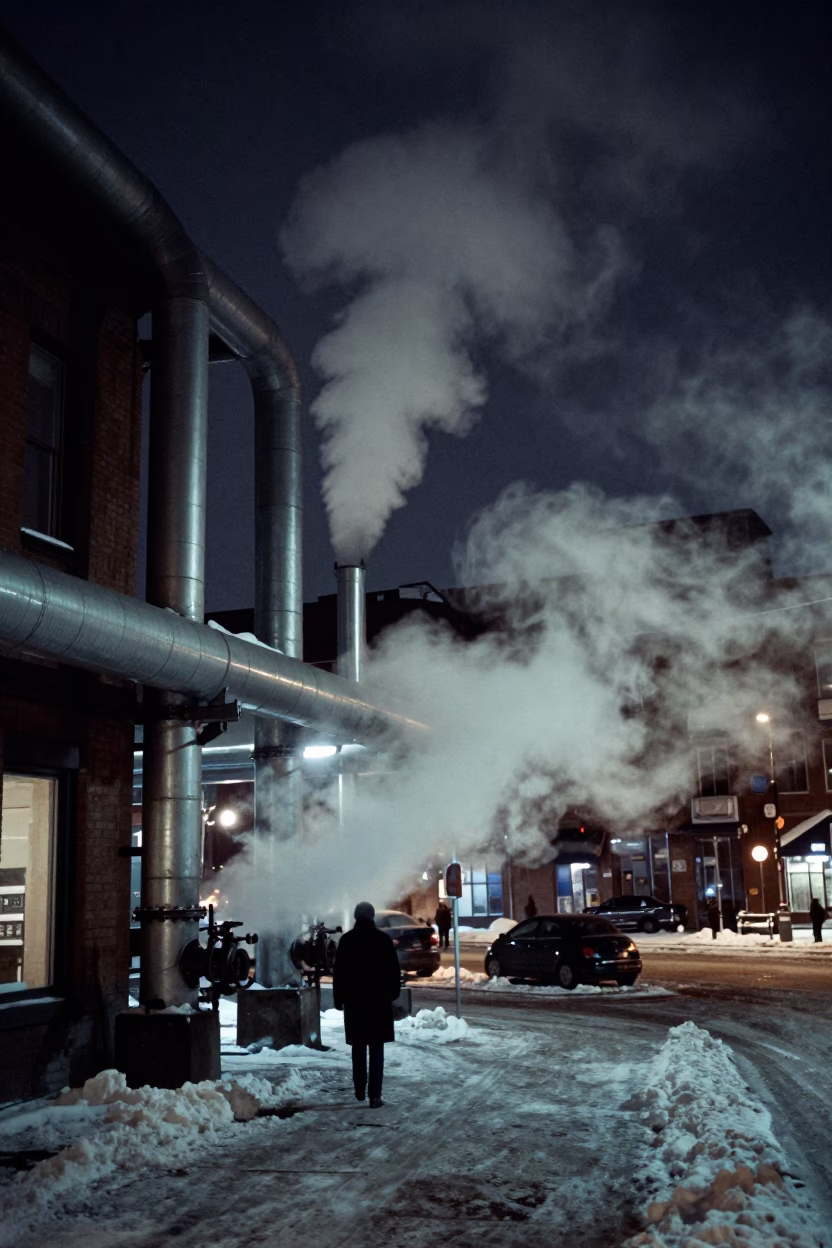 Steaming District Heating Pipes in Montreal Winter Night Street Scene in in Montreal, Quebec, Canada